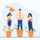 Employer growing business professionals metaphor. Hand watering plants and employees in flowerpots. Vector illustration for growth, development, career training concept