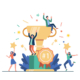 Team of happy employees winning award and celebrating success. Business people enjoying victory, getting gold cup trophy. Vector illustration for reward, prize, champions concepts