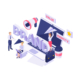 Isometric icon with people working on new brand strategy 3d vector illustration