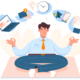 Flat man sitting in lotus position, practicing mindfulness meditation with office icons. Worker doing yoga on workplace. Emotional balance, stress relief concept. Healthy mind and body of businessman.