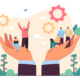 Hands holding team of tiny business persons. Social help or support for workplace community flat vector illustration. Employee care, wellbeing, people management concept for banner, website design