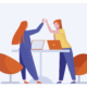 Business colleagues celebrating success. Women with laptops giving high five flat vector illustration. Triumph, teamwork, successful team concept for banner, website design or landing web page