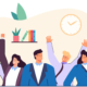 Portrait of team of happy professional employees. Cartoon office workers in corporate clothes, group of colleagues at work together flat vector illustration. Career, teamwork, startup concept