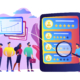 Tiny people analyst observing the workers performance on tablet. Performance rating, employee work measurement, work efficiency feedback concept. Bright vibrant violet vector isolated illustration