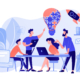 Business team brainstorm idea and lightbulb from jigsaw. Working team collaboration, enterprise cooperation, colleagues mutual assistance concept. Pinkish coral bluevector isolated illustration