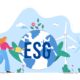 Flat ESG concept of environmental and sustainability in business. Woman watering globe with flowers, saving Earth. Girl care of planet and nature. Environment, ecology and nature protection.